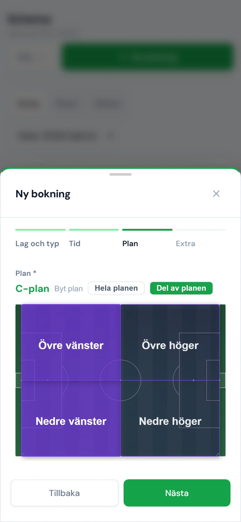 Ny bokning i mobilen: C-planen med Del av planen vald och kvartarna Övre vänster och Nedre vänster markerade.