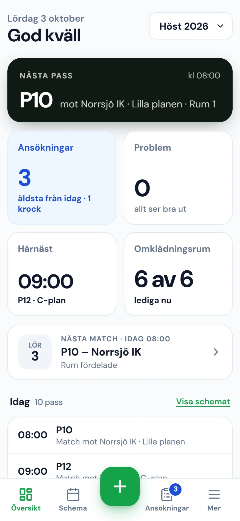 Översikten i Planvra i mobilen: nästa pass, väntande ansökningar, lediga omklädningsrum och dagens pass.
