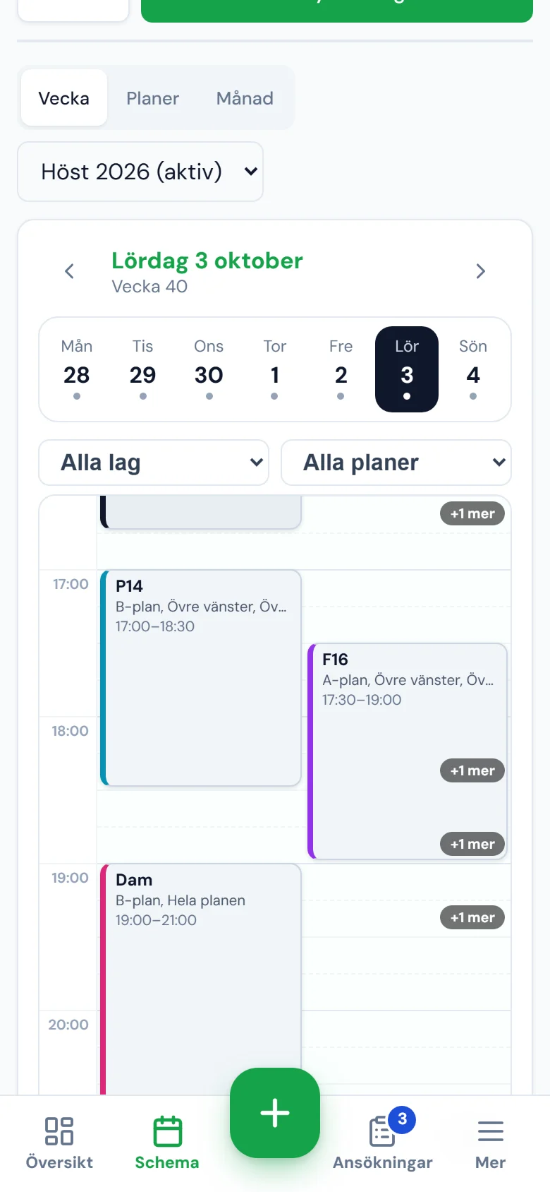 Veckoschemat i mobilen för lördag 3 oktober, med P14, F16 och Dam som block i tidslinjen.